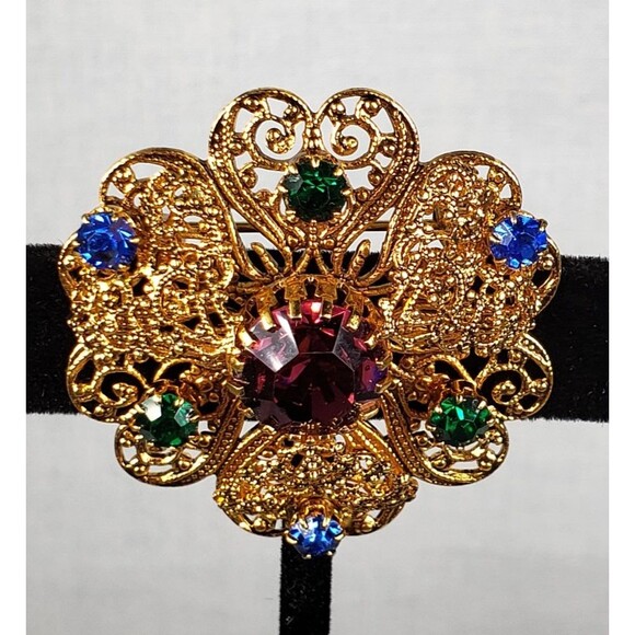 Czechoslovakia (CZECH) Gold Tone Filigree Glass Red, Green & Blue Stones Brooch - Picture 4 of 16